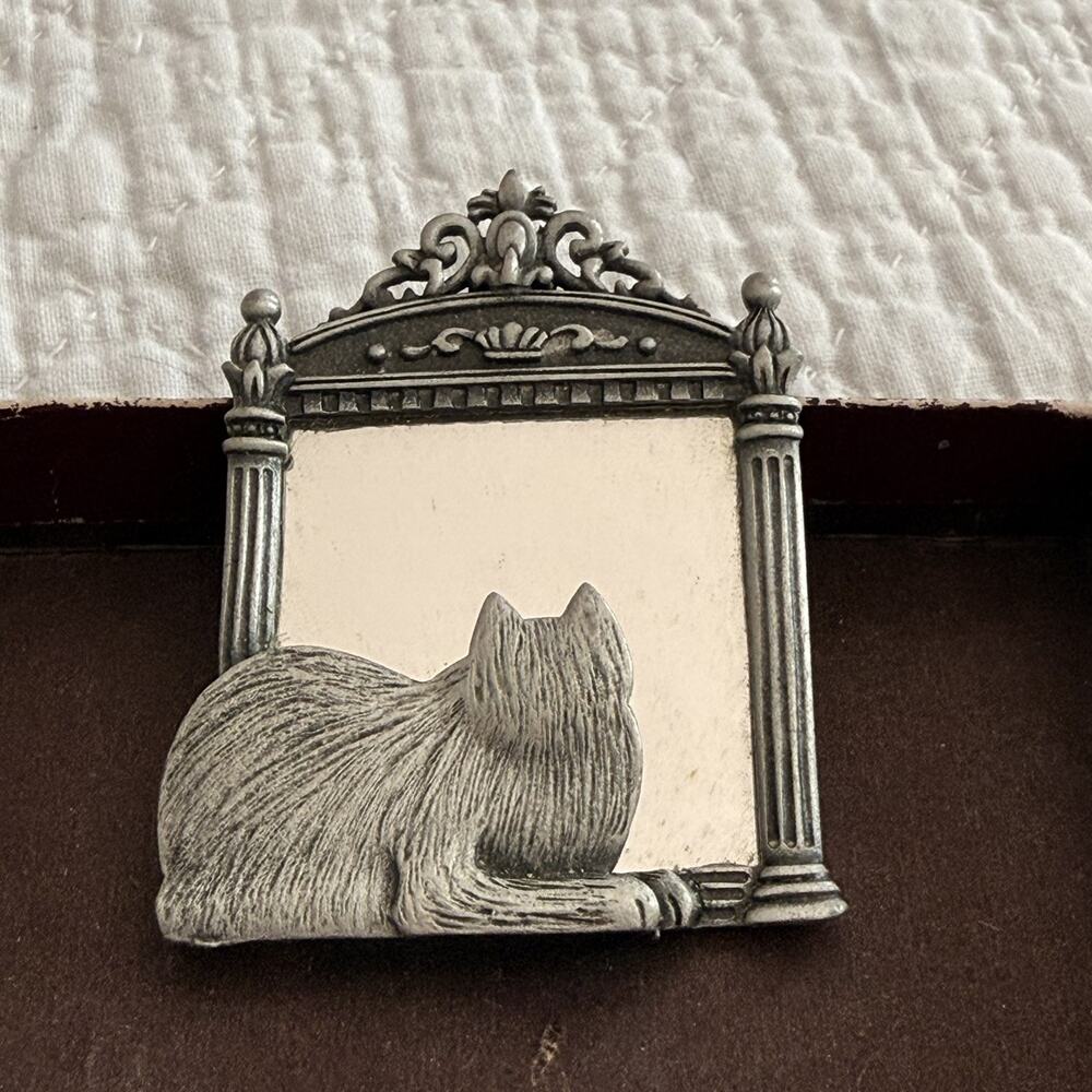 Brooch VTG Pewter Cat Mirror Jonette Jewelry JJ Maker's Mark